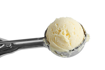vanilla ice cream and metal ice cream scoop isolated on white background
