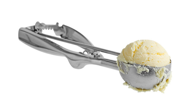 vanilla ice cream and metal ice cream scoop isolated on white background