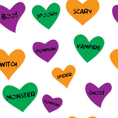 Seamless pattern design. Halloween autumn decoration with hearts in vector