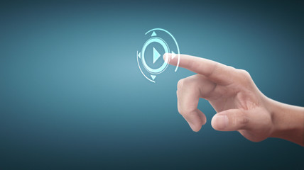 Hands touching button screen interface global connection customer networking
