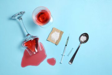 cocaine in paper and equipment on color background with a blank space for a text, Background from...