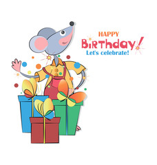 Naklejka premium Rat, gifts, butterflies. Happy Birthday. Cartoon Cute mouse character for postcard, poster or calendar, horoscope with place for text. The mouse is the Chinese symbol of 2020.