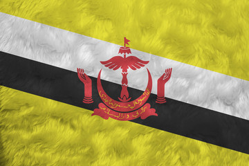 Towel fabric pattern flag of Brunei Darussalam, red crest on yellow field cut by black and white diagonal stripes.