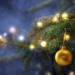 Christmas decorations in bright blue red and white shiny colors with Christmas lights with blurred background.