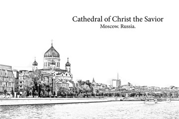 View of the Cathedral of Christ the Savior. Moscow, Russia - Vintage travel sketch.