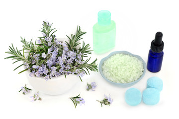 Rosemary herb skin care beauty treatment with aromatherapy essential oil, moisturising gel, ex foliating salt & bath bombs. Has anti ageing benefits & helps to reduce environmental skin damage.