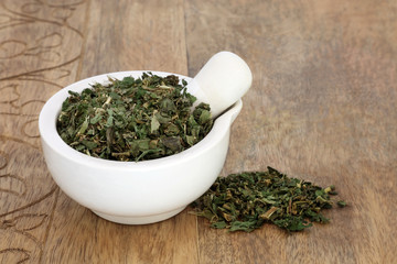 Pellitory of the wall herb leaf in a mortar with pestle used in herbal medicine to treat urinary tract infections, kidney pain & stones, fluid retention, constipation & coughs. Parietaria officinalis.