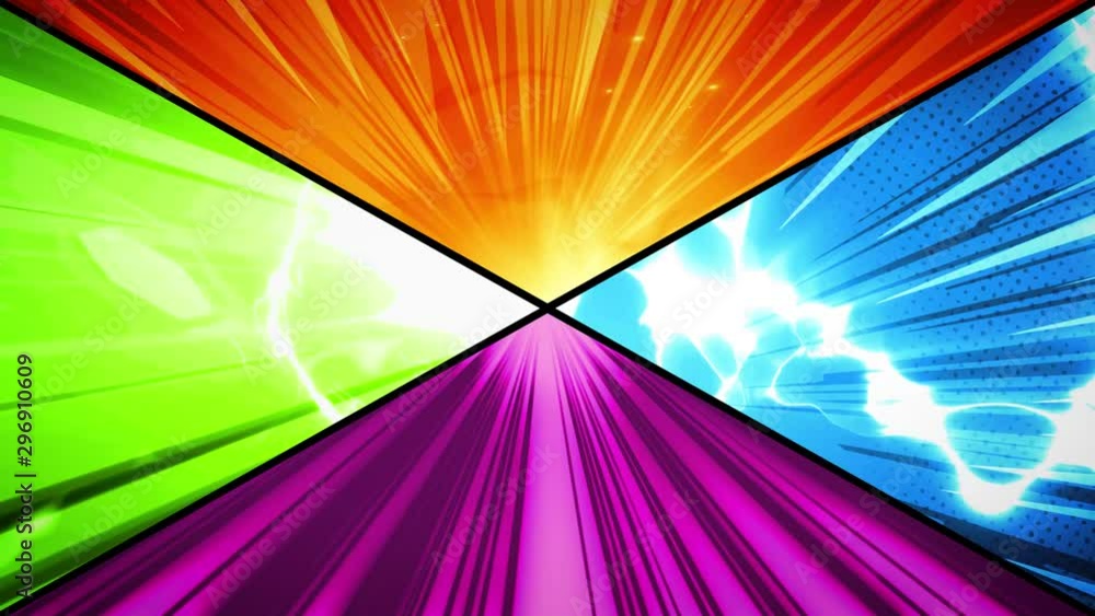 Poster comic book action layout background with power fx/ 4k animation of a powerful comics like page layou