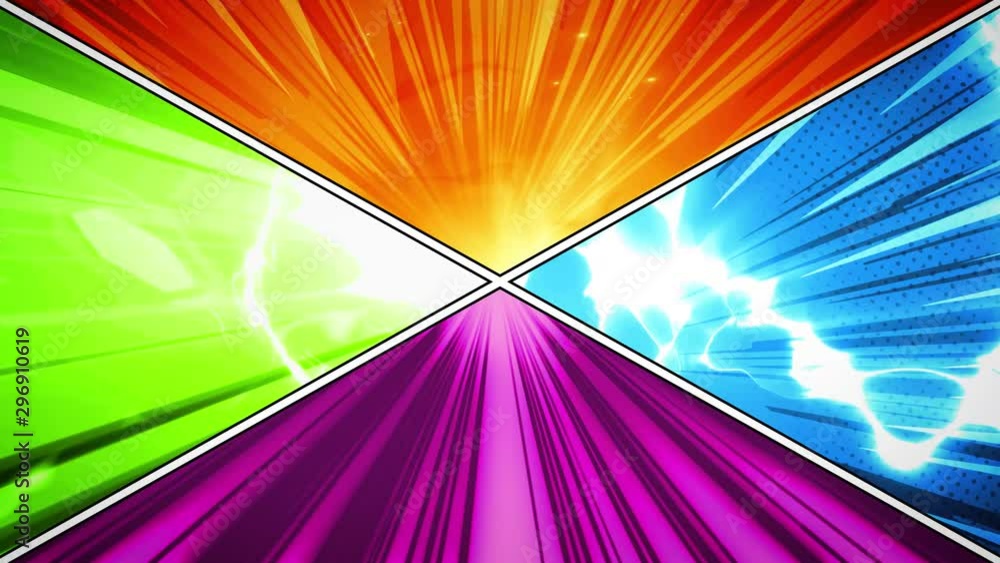 Poster comic book action layout background with power fx/ 4k animation of a powerful comics like page layou