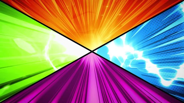 Comic Book Action Layout Background With Power Fx/ 4k animation of a powerful comics like page layout background with halftone dots and dynamic action speed sunbeams effects