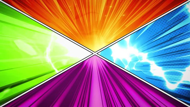 Comic Book Action Layout Background With Power Fx/ 4k animation of a powerful comics like page layout background with halftone dots and dynamic action speed sunbeams effects