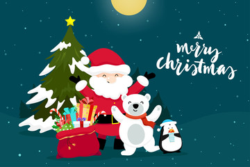 Christmas Greeting Card with Christmas Santa Claus ,Snowman pine and reindeer. Vector illustration