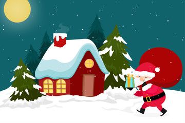 Fototapeta na wymiar Christmas Greeting Card with Christmas Santa Claus ,Snowman pine and reindeer. Vector illustration