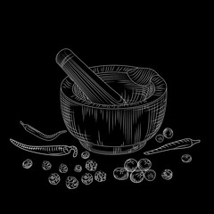 Mortar and pestle concept on blackboard. Pepper set. Grinding spices and food ingredients.