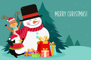 Christmas Greeting Card with Christmas Santa Claus ,Snowman pine and reindeer. Vector illustration
