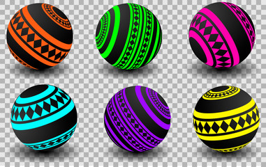 Black balls with a colored, geometric pattern on a transparent background, orange, green, pink. Vector illustration, eps 10
