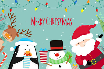 Christmas Greeting Card with Christmas Santa Claus ,Snowman and reindeer. Vector illustration