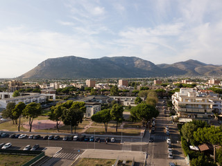 View of the city against the backdrop of the mountains. Terracina, Province of Latina, Lazio Region, Italy