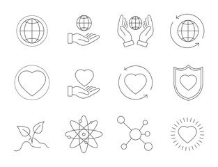 set of outline heart icons, globe, globe with hands, leaf, chemistry, molecule and more.