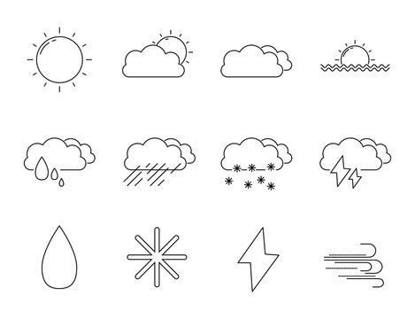 weather set icon design, outline set icons, included as sun, rain, sunset, snow, thunder and wind.
