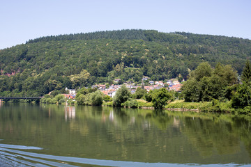 blick auf die landschaft unter blauem himmel am neckar in heidelberg deutschland fotografiert während einer  schiffstour an einem sonnigen Tag im Sommer