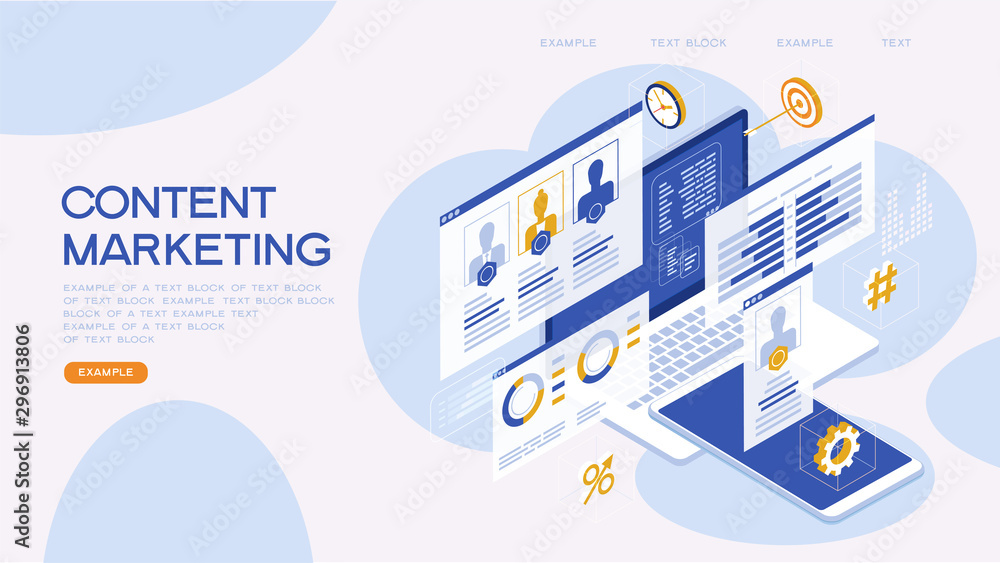 Poster content marketing strategy web banner. marketing and sharing of digital content. technology process 