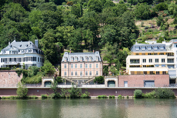 Naklejka premium gebäude am ufer des neckar in heidelberg deutschland fotografiert während einer schiffstour an einem sonnigen Tag im Sommer