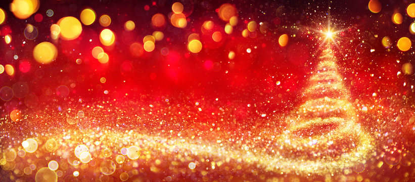 Golden Christmas Tree In Red Festive Background
