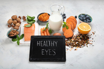 Food for eyes health. Foods that contain vitamins, nutrients, minerals and  antioxidants.