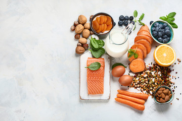 Food for eyes health. Foods that contain vitamins, nutrients, minerals and  antioxidants.