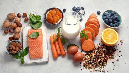 Food for eyes health. Foods that contain vitamins, nutrients, minerals and  antioxidants.