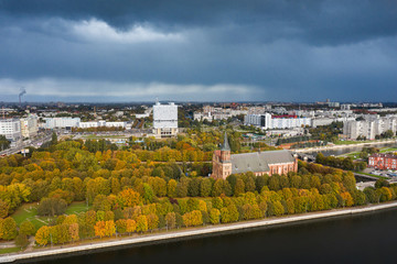 Aerial view of the Kaliningrad Cathedral in stormy weather