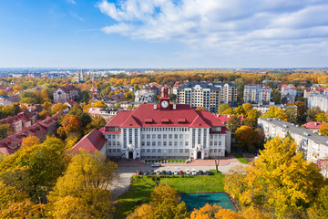 Aerial: The old building of Immanuel Kant Baltic Federal University in Kaliningrad, autumn time