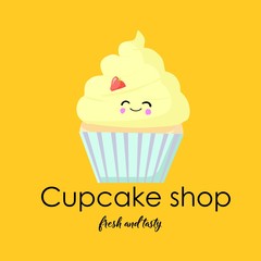 Logo or signboard design. Shop of muffins and cupcakes. Yellow background. Cake with eyes and a smile.