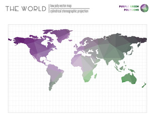 Low poly world map. Cylindrical stereographic projection of the world. Purple Green colored polygons. Contemporary vector illustration.