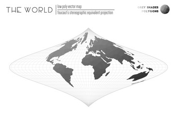 World map in polygonal style. Foucaut's stereographic equivalent projection of the world. Grey Shades colored polygons. Awesome vector illustration.