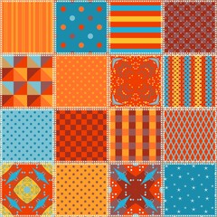 Vibrant seamless patchwork pattern from square patches with colorful ornaments.