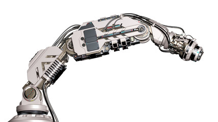 Robotic arm, mechanical hand or Industrial robot manipulator. Futuristic industrial technology. Side view isolated on white background. 3D Render