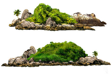 The trees. Mountain on the island and rocks.Isolated on White background - obrazy, fototapety, plakaty