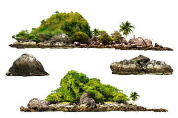 The trees. Mountain on the island and rocks.Isolated on White background