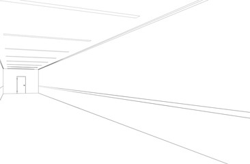 long corridor with doors, contour visualization, 3D illustration, sketch, outline