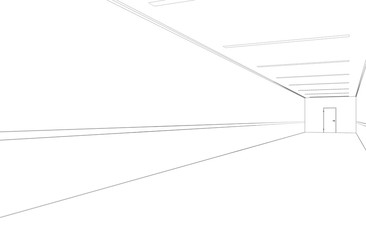 long corridor with doors, contour visualization, 3D illustration, sketch, outline