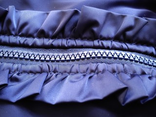 Buttoned sewing lock on a piece of blue polyester fabric. There are decorative flounces on the...