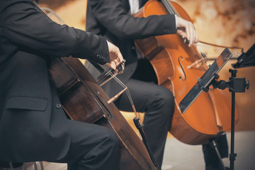 A Duo of two musicians in black suits who play the cellos with bows in the autumn.