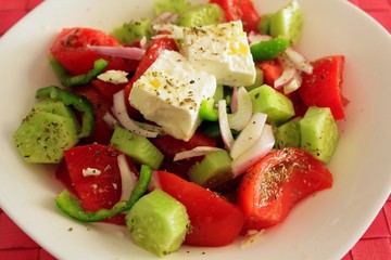 Greek salad with feta cheese, close up
