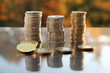 coins stack of EU cash on a blurred background autumn landscape, business concept