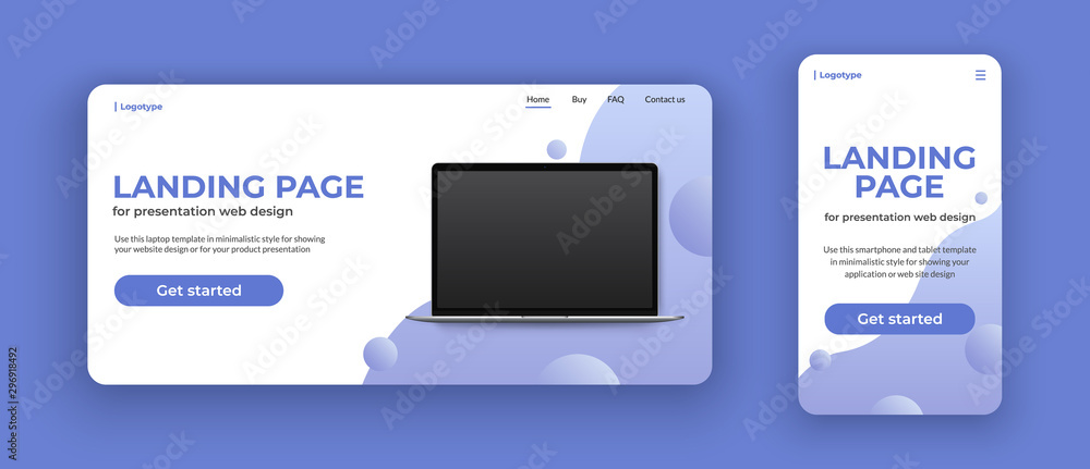 Poster laptop mockup on landing page for computer and mobile. website concept for show web design, presenta