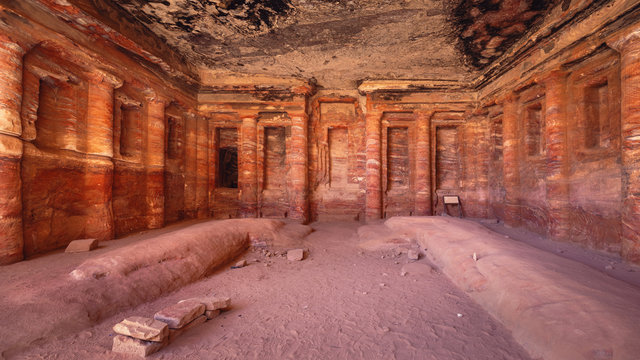 The interior of the Roman Soldier Triclinium, with its distinctive and fine architectural decorations once covered with painted stucco, Petra, Jordan