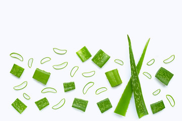 Aloe Vera cut pieces with slices on white background. Copy space
