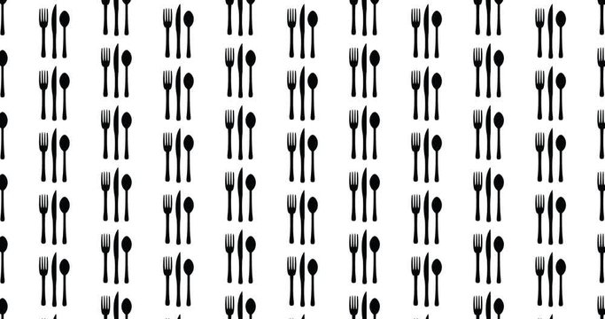 Silverware fork knife & spoon icons background clip motion backdrop video in a seamless repeating loop.  Black and white food & kitchen themed pattern background high definition motion video clip